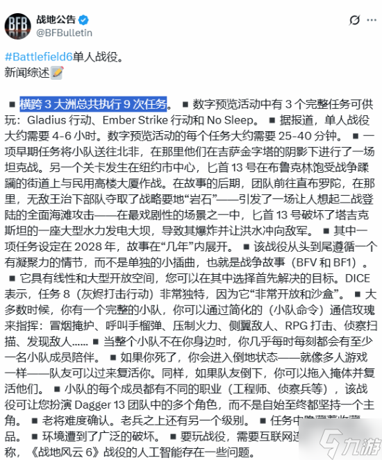 曝《战地6》战役任务的数量不足十个 通关仅需四到六小时